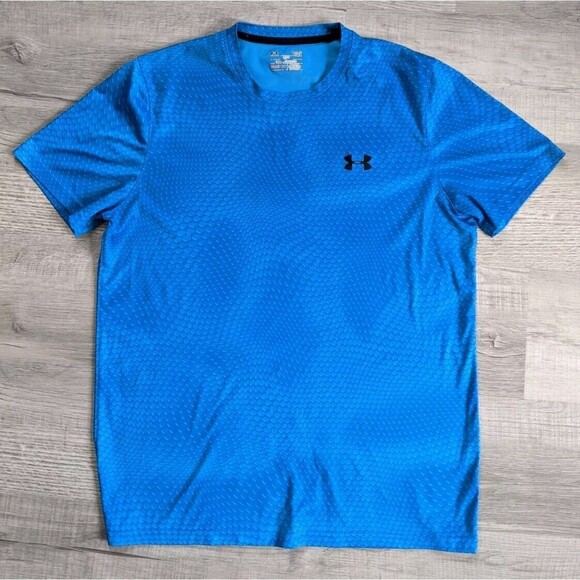 Under Armour Heat Gear T Shirt UA Velocity Print Blue UPF 30 Mens Sz L Geometric - Picture 1 of 4